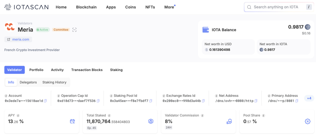 Meria validator on IOTA blockchain
