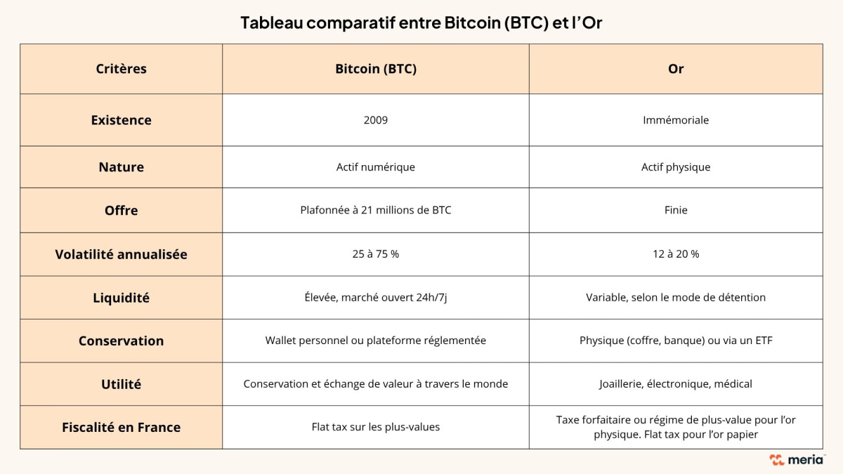 tableau comparatif entre bitcoin et l'or