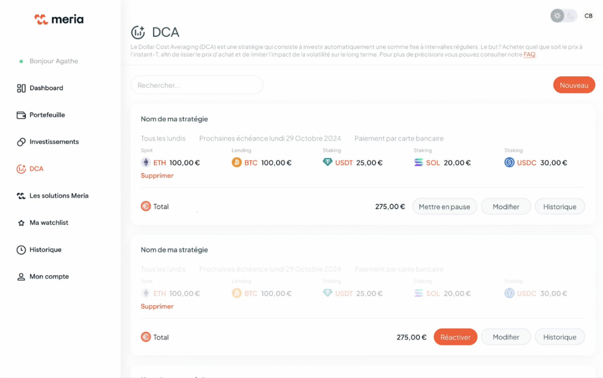 tableau de bord dca crypto